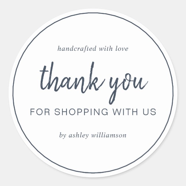 Chic Script Dark Blue Thank You For Shopping Classic Round Sticker (Front)