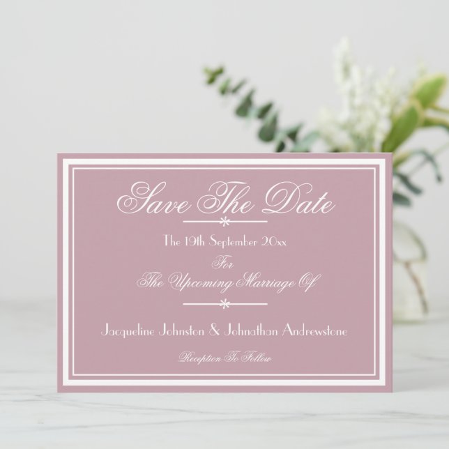  Chic Script Details Dusty Pink Save The Date Announcement (Standing Front)