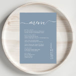 Chic Script Dusty Blue Wedding Reception Menu<br><div class="desc">Chic dusty blue wedding reception dinner menu with "menu" in a stylish white calligraphy script with swashes,  your customised menu in simple modern white typography,  your first names joined by a heart and your reception date.</div>