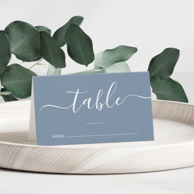 Chic Script Dusty Blue Wedding Table Number Place Card (Creator Uploaded)
