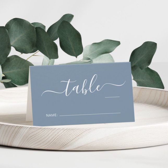 Chic Script Dusty Blue Wedding Table Number Place Card (Creator Uploaded)