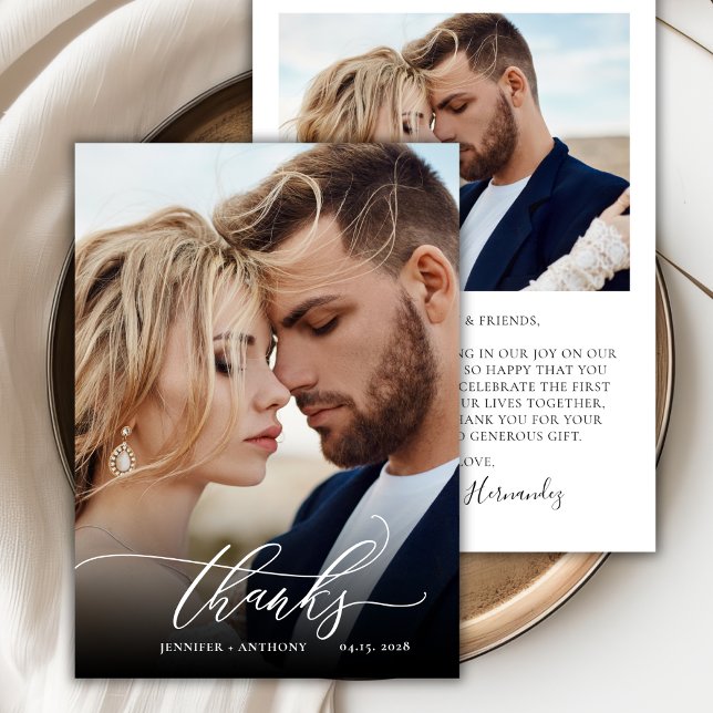 Chic Script Elegant 2 Photo Wedding Thank You Card (Creator Uploaded)