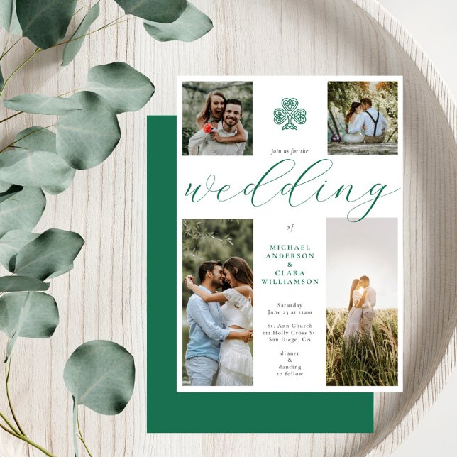 Chic Script Emerald Irish Cross 4 Photo Wedding  Invitation (Creator Uploaded)