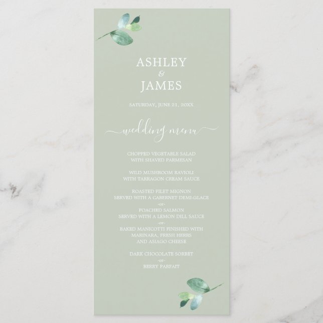 Chic Script Eucalyptus Foliage Green Wedding Menu (Front)