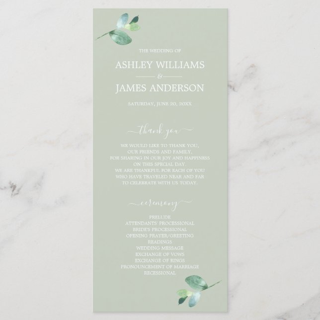 Chic Script Eucalyptus Foliage Green Wedding Program (Front)