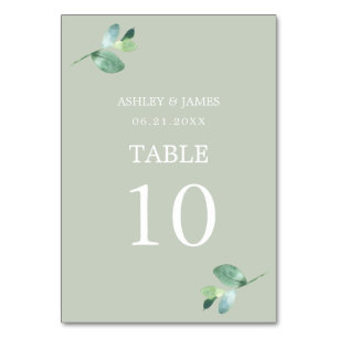 Chic Script Eucalyptus Foliage Green Wedding Table Number