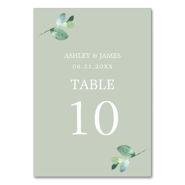 Chic Script Eucalyptus Foliage Green Wedding Table Number (Front)