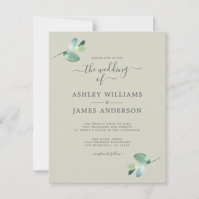 Chic Script Eucalyptus Foliage Minimal Wedding Invitation (Front)