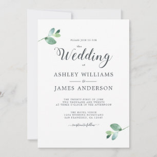 Chic Script Eucalyptus Foliage Minimal Wedding Invitation