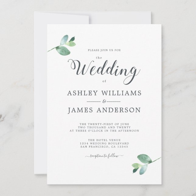 Chic Script Eucalyptus Foliage Minimal Wedding Invitation (Front)