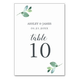 Chic Script Eucalyptus Foliage Minimal Wedding Table Number