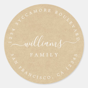 Chic Script Family Name Kraft Paper Return Address Classic Round Sticker