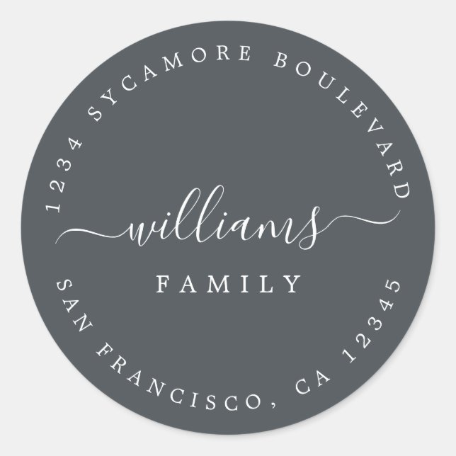 Chic Script Family Name Return Address Classic Round Sticker (Front)
