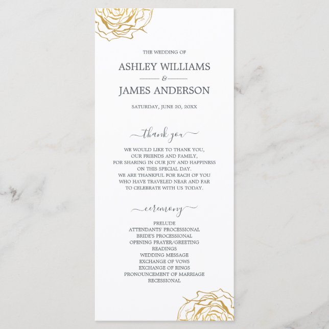 Chic Script Floral Gold Rose Simple Wedding Program (Front)