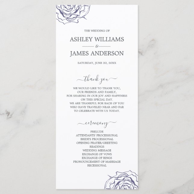 Chic Script Floral Navy Blue Rose Simple Wedding Program (Front)
