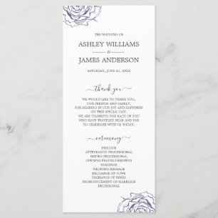 Chic Script Floral Navy Blue Rose Simple Wedding Program