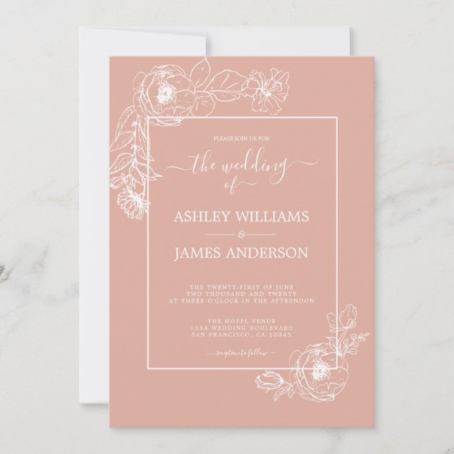 Chic Script Floral Outline Dusty Pink Wedding Invitation (Front)