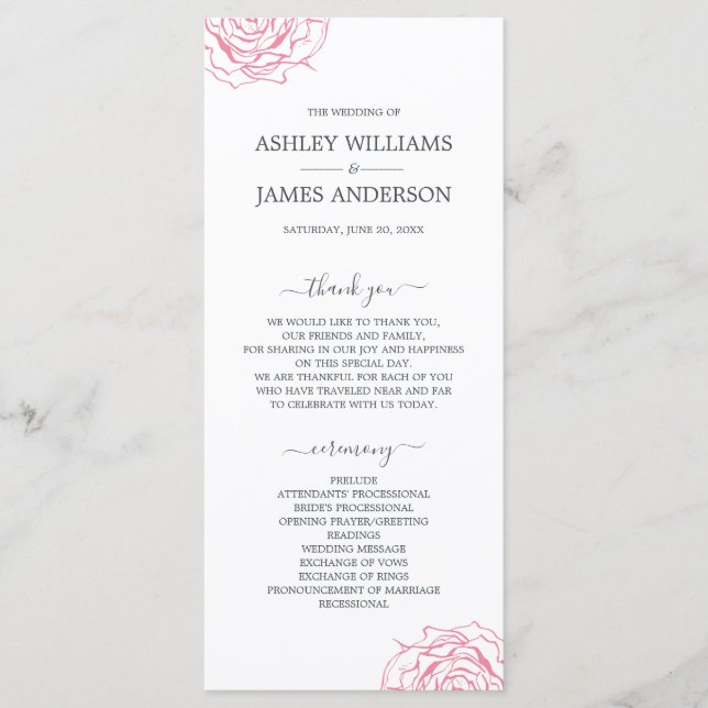 Chic Script Floral Pink Rose Simple Wedding Program (Front)
