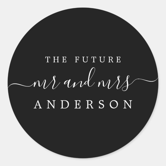 Chic Script Future Mr Mrs Black Wedding Classic Round Sticker (Front)