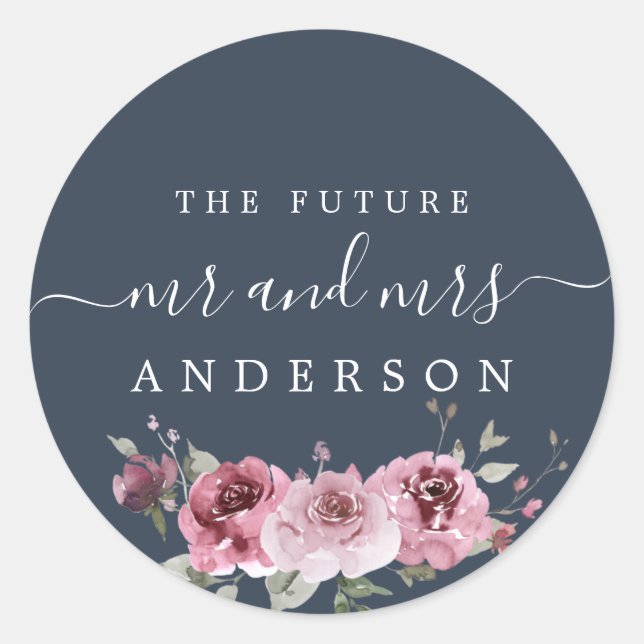 Chic Script Future Mr Mrs Burgundy Floral Blue Classic Round Sticker (Front)