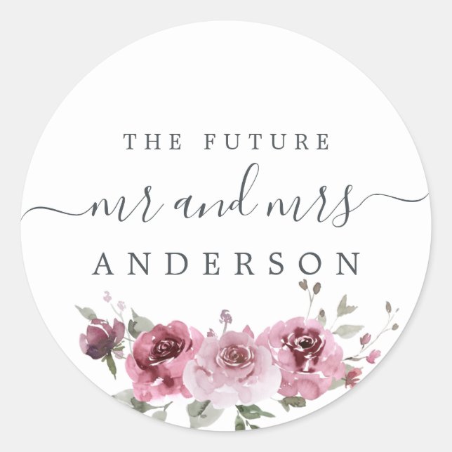 Chic Script Future Mr Mrs Burgundy Floral Pink Classic Round Sticker (Front)