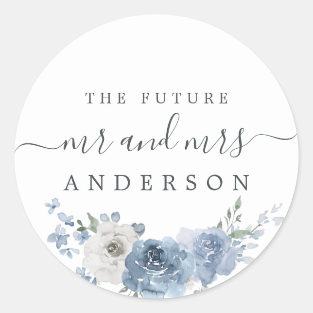 Chic Script Future Mr Mrs Dusty Blue Floral Classic Round Sticker (Front)