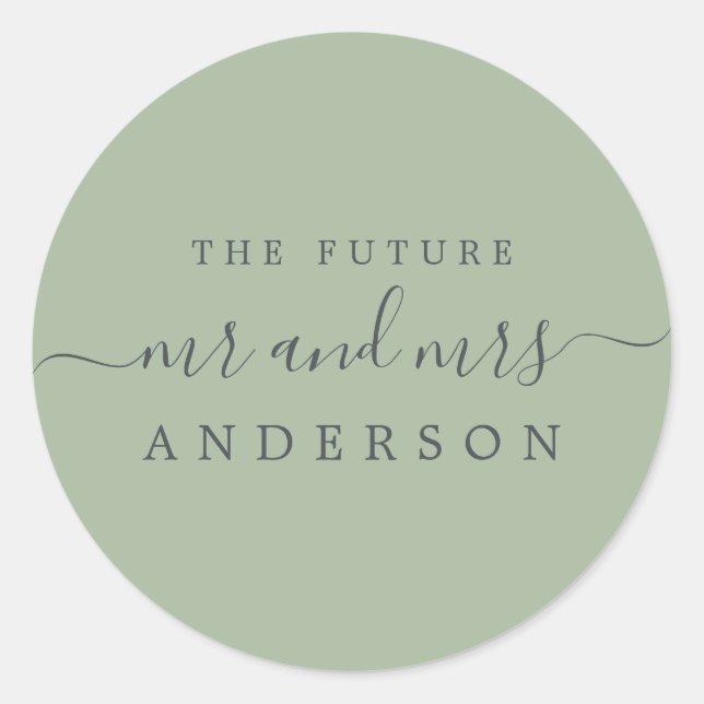 Chic Script Future Mr Mrs Laurel Green Wedding Classic Round Sticker (Front)