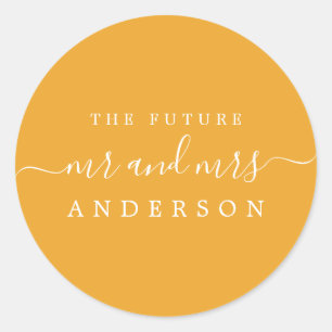 Chic Script Future Mr Mrs Mellow Yellow Wedding Classic Round Sticker
