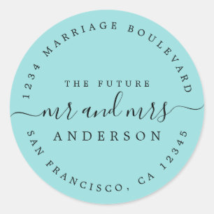 Chic Script Future Mr Mrs Return Address Blue Classic Round Sticker