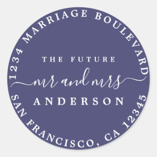 Chic Script Future Mr Mrs Return Address Navy Blue Classic Round Sticker