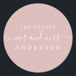 Chic Script Future Mr Mrs Silver Pink Wedding Classic Round Sticker<br><div class="desc">Chic, modern and simple wedding envelope seal with the text the future Mr and Mrs in white elegant handwritten script calligraphy and stylish typography on silver pink background. Simply add your future married surname. Exclusively designed for you by Happy Dolphin Studio. If you need any help or matching products please...</div>