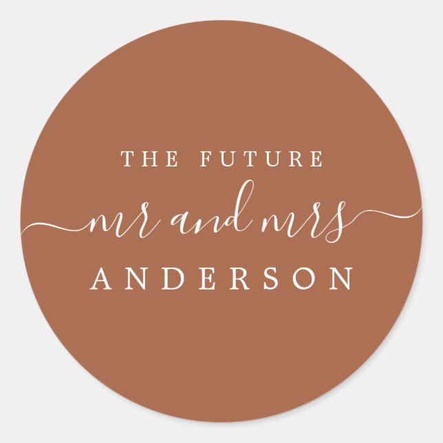 Chic Script Future Mr Mrs TerraCotta Wedding Classic Round Sticker (Front)