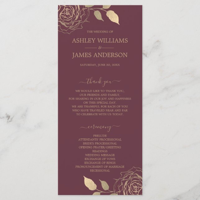 Chic Script Gold Floral Rose Burgundy Wedding Program (Front)