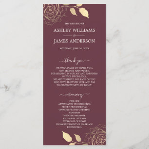 Chic Script Gold Floral Rose Burgundy Wedding Program