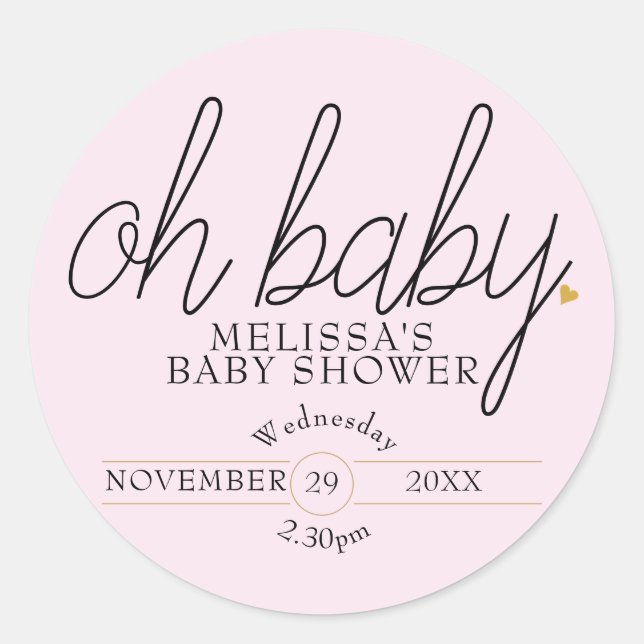 Chic script gold heart baby girl shower oh baby classic round sticker (Front)