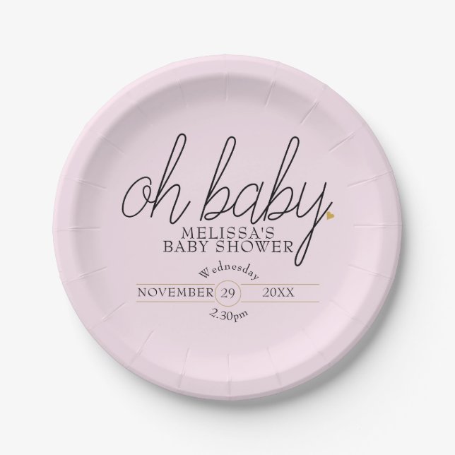 Chic script gold heart baby girl shower oh baby paper plate (Front)