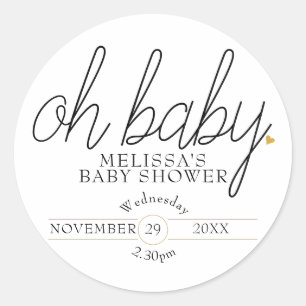 Chic script gold heart baby shower oh baby classic round sticker