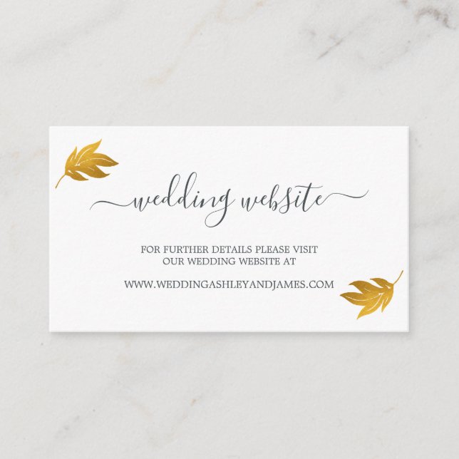 Chic Script Gold Leaf Wedding Website Enclosure Card (Front)