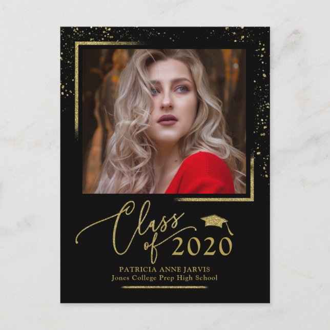 Chic Script Grad Announcement Festive Gold Glitter Postcard (Front)