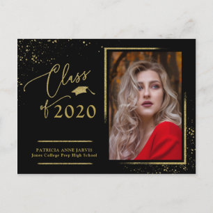 Chic Script Grad Announcement Festive Gold Glitter Postcard
