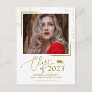 Chic Script Grad Announcement Festive Gold Glitter Postcard