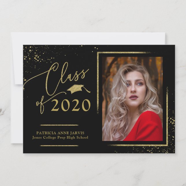 Chic Script Grad Announcement Gold Glitter Photo (Front)