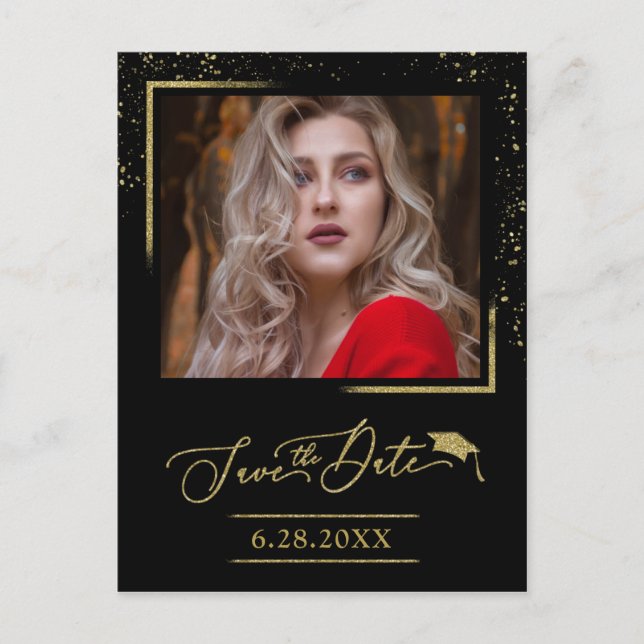 Chic Script Grad Party Save The Date Gold Glitter Postcard (Front)