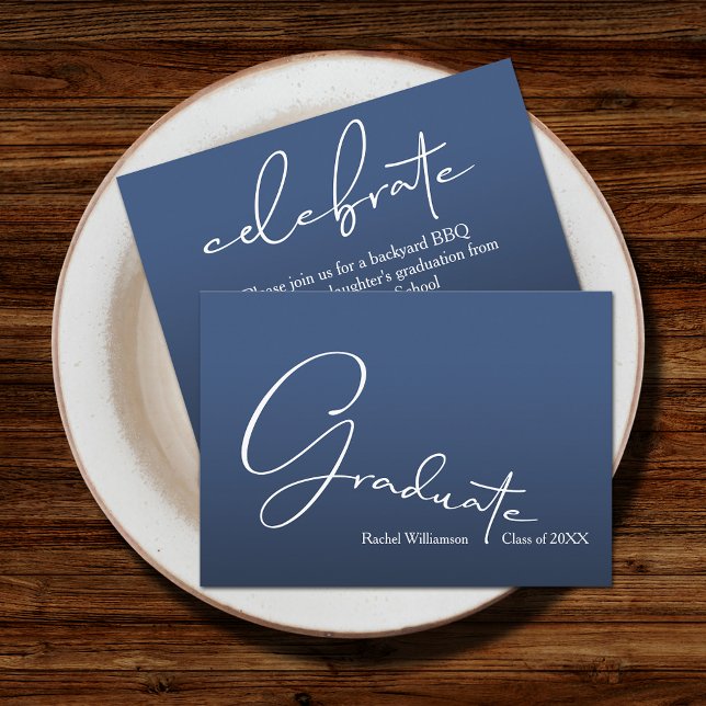 Chic Script Graduate Blue Party Enclosure Card (Small 3.5" x 2.5" invitations to hand out or mail with your graduation announcements (no envelopes))
