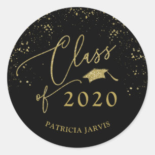 Chic Script Graduation Festive Gold Glitter Classic Round Sticker