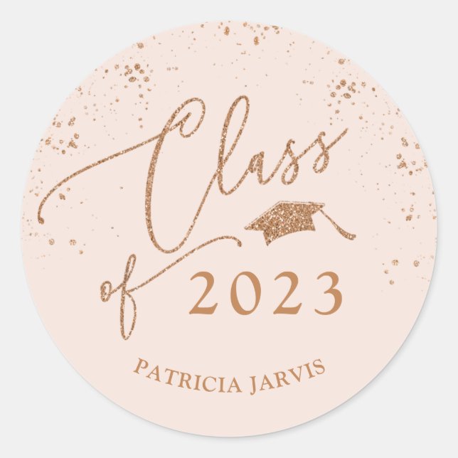 Chic Script Graduation Festive Rose Gold Glitter Classic Round Sticker (Front)