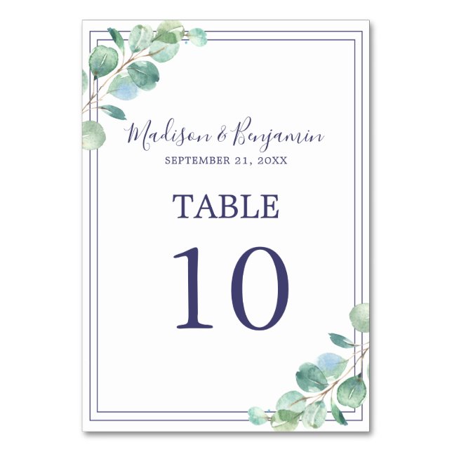 Chic Script Green Foliage Navy Blue Border Wedding Table Number (Front)