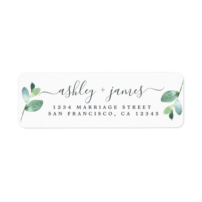 Chic Script Green Foliage Wedding Return Address Label (Front)
