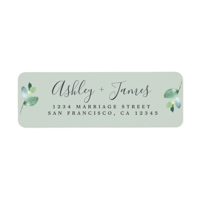 Chic Script Green Foliage Wedding Return Address Label (Front)