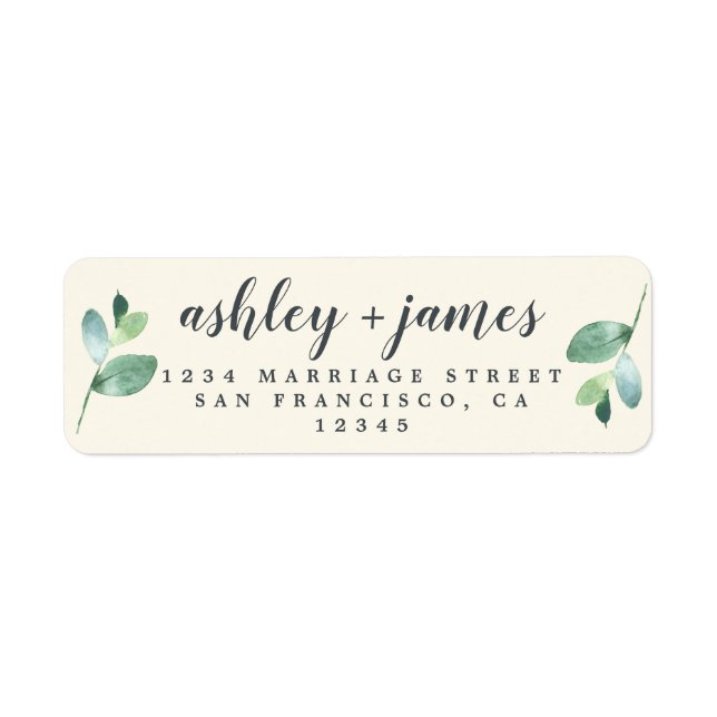 Chic Script Green Foliage Wedding Return Address Label (Front)